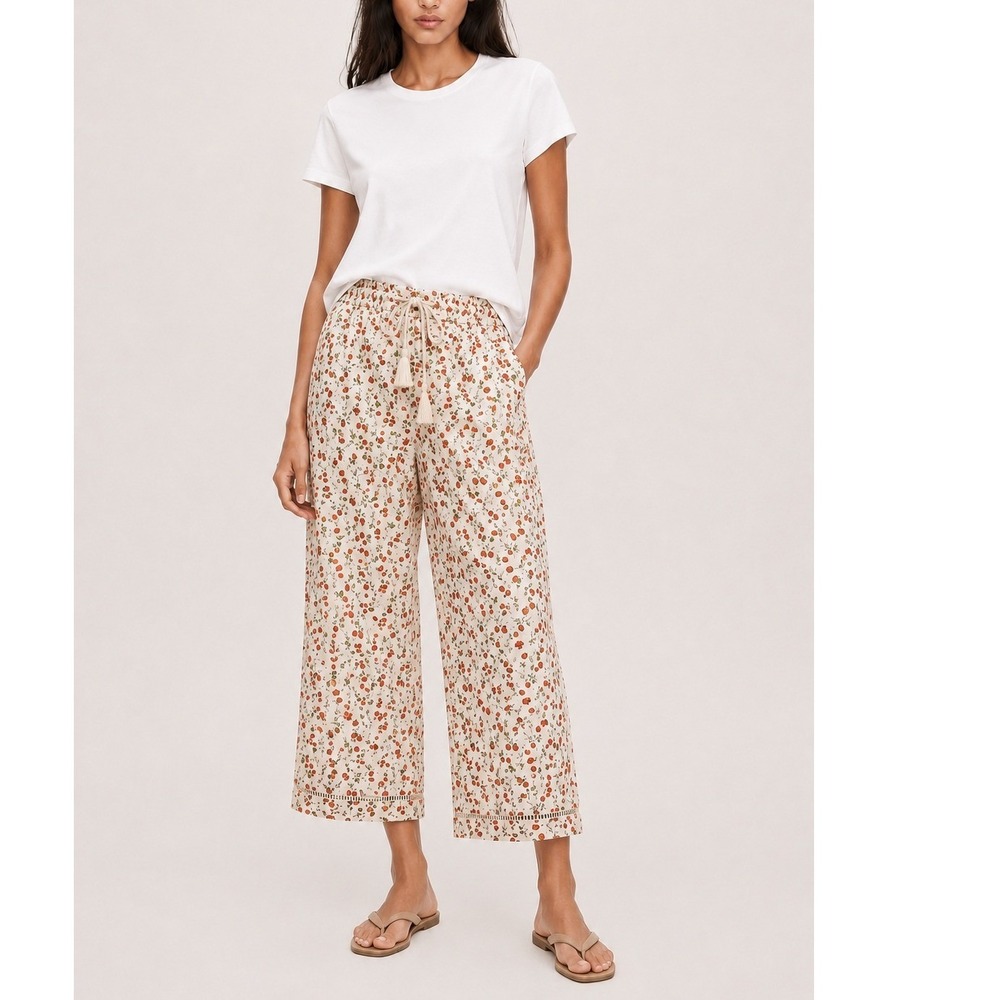 Pact Organic Cotton Fruit Print Lounge Pants Wide Leg Tassel Cream Orange L